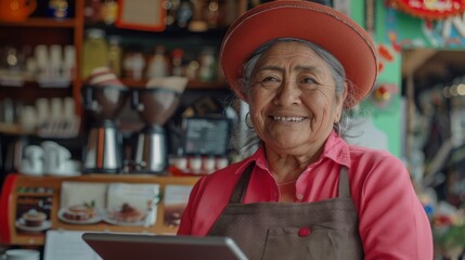 Wall Mural - Portrait of a happy coffee shop worker with a tablet