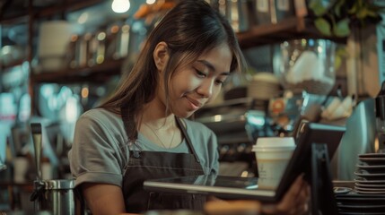 Wall Mural - Portrait of a happy coffee shop worker with a tablet