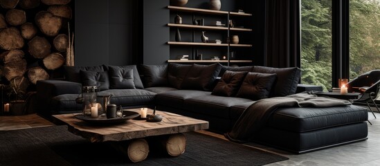 Poster - The living room features a black couch and a wooden coffee table, creating a modern and elegant atmosphere with a touch of nature