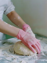 A woman wearing pink gloves is kneading d shape of a ball ough on a counter. 