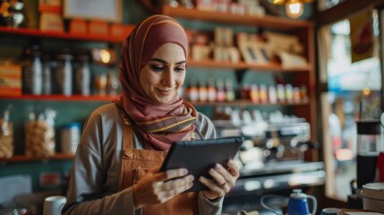 Wall Mural - Portrait of a happy coffee shop worker with a tablet