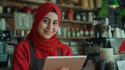 Wall Mural - Portrait of a happy coffee shop worker with a tablet