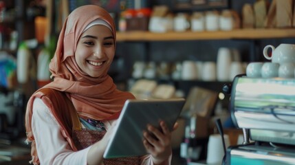 Wall Mural - Portrait of a happy coffee shop worker with a tablet