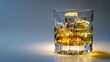 Whiskey glass with ice cubes on plain background, ideal for text placement and design projects