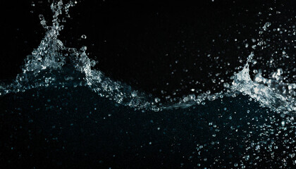 Bouncing water surface, wave, drop, splash, lively, bubble, underwater, side view, black background