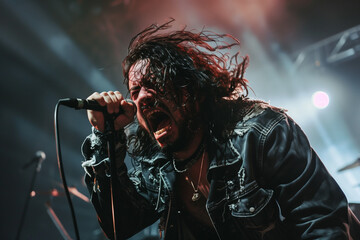 Heavy metal singer and vocalist, guttural screams in the music of the band playing on stage with the voice of a man with long hair and a leather jacket