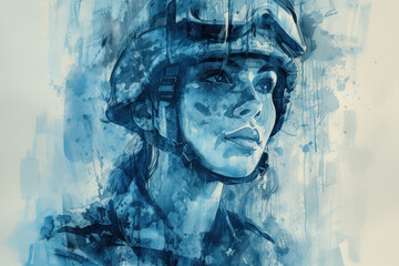 Wall Mural - Army woman in blue watercolor, concept: proud, independence, peace