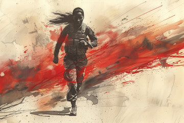 Wall Mural - Army woman run in red splash watercolor, concept: independence, peace