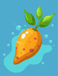 A sweet potato sits on a bed of water droplets, its vibrant orange hue contrasting with the clear liquid.