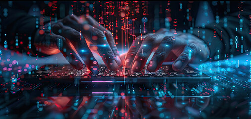 Wall Mural - Closeup of hands typing tablet computer with hologram screen digital technology, software development concept. Coding programmer, software engineer