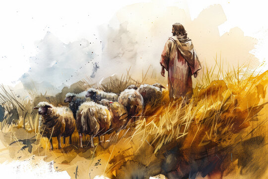 Brown splash watercolor painting of Jesus Christ grazing sheep