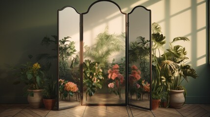 Wall Mural - Reflections of Tranquility: Lush Green Plants Captured in a Beautiful Mirror Display