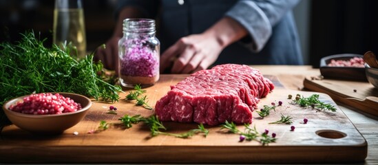 Canvas Print - Chef Preparing Delicious Steak on Wooden Cutting Board with Seasoning and Herbs