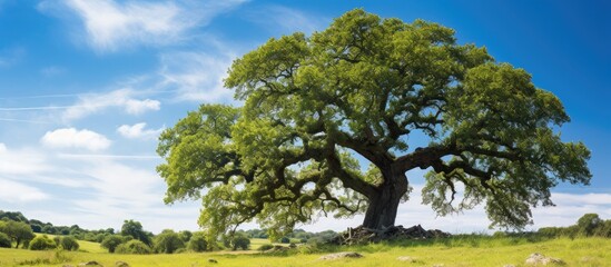 Canvas Print - Majestic Tree Standing Alone in Vast Field under Clear Blue Sky