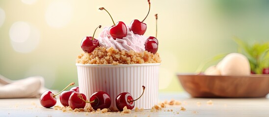 Poster - Delicious Cup of Ice Cream Topped with Fresh Cherries and Fluffy Whipped Cream