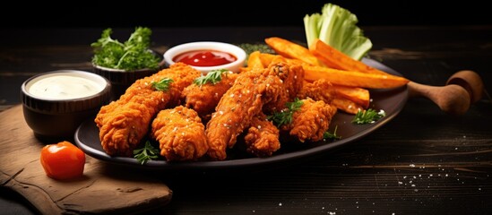 Sticker - Sizzling Plate of Spicy Chicken Wings Served with Crispy French Fries on Table