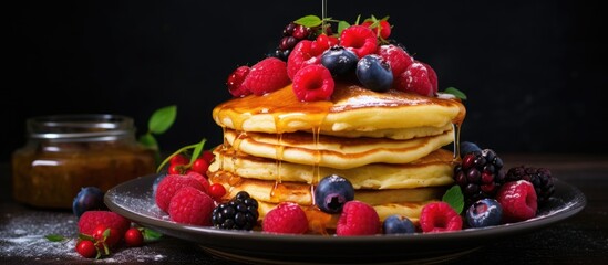 Wall Mural - Delicious Homemade Pancakes with Fresh Berries and Sweet Syrup on a Plate