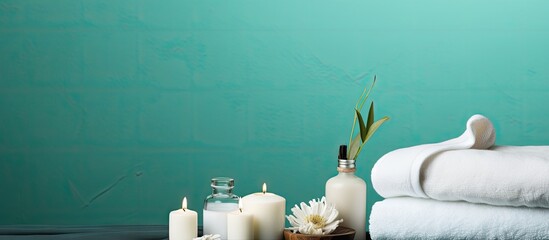 Sticker - Tranquil White Towel Setting with Glowing Candles on Minimalist Table