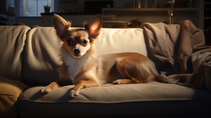 Sticker - Adorable Pup Relaxing on a Cozy Sofa in a Bright Room