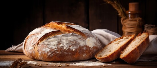 Wall Mural - Rustic Freshly Baked Loaf of Bread Placed on a Wooden Table in Warm Sunlight