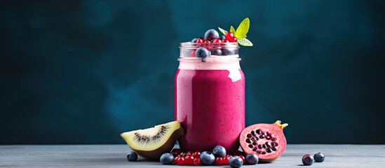 Poster - Fresh and Colorful Plant-Based Smoothie with Berries, Pineapple, and Mint Leaves on Wooden Table