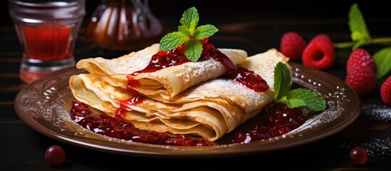 Poster - Delicious Crepinese Topped with Fresh Raspberry Jam and Mint Leaves for a Flavorful Treat