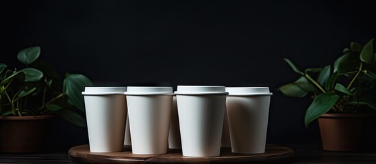 Poster - Tranquil Scene of Three White Cups on Wooden Tray with Lush Plant Background