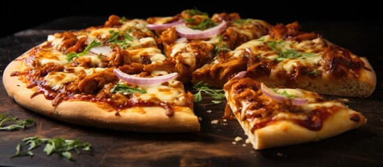 Sticker - Savory Delight: Mouthwatering Pizza Loaded with Meat and Cheese Displayed on a Rustic Wooden Board