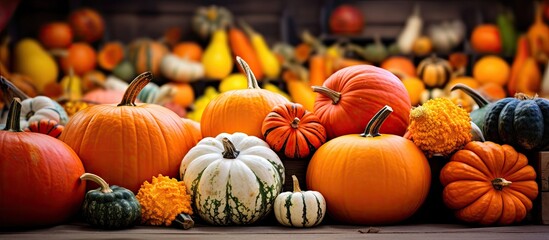 Canvas Print - Autumn Harvest: Vibrant Pumpkins Set on Wooden Table Ready for Seasonal Decoration