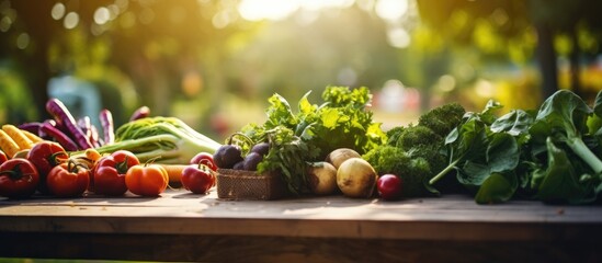 Wall Mural - Fresh and Vibrant Farm Harvest Display with Colorful Fruits and Vegetables on Wooden Table