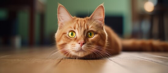 Wall Mural - Lazy Tabby Cat Relaxes Serenely on Wood Floor with Sunlight Filtering Through Window