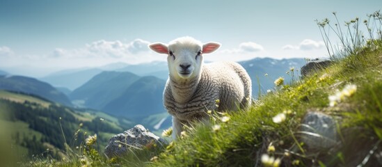 Poster - Beautiful Sheep Grazing Peacefully on a Lush Green Hilltop in a Rural Setting