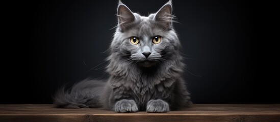 Poster - Curious Cat Relaxing on Wooden Table in Cozy Room with Soft Lighting