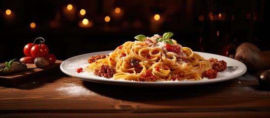 Canvas Print - Delicious Plate of Pasta Garnished with Savory Meat, Fresh Vegetables, and Seasonings