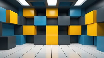 Canvas Print - Vibrant 3D Abstract Composition with Yellow and Blue Cubes in a Modern Room