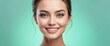 Bright Mint Green background Portrait of smiling beautiful woman smooth clean face glowing skin youth skin care ad concept from Generative AI