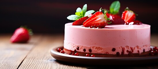 Sticker - Delicious Strawberry Cake Slice with Fresh Juicy Strawberries on Elegant Plate