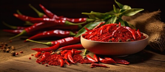 Wall Mural - Fiery Red Chilis Piled in a Rustic Bowl on a Weathered Wooden Table