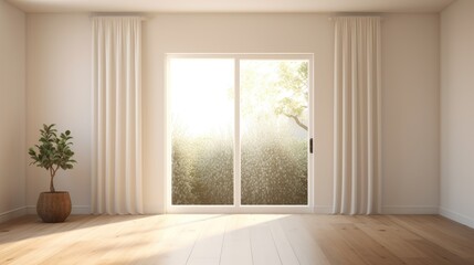 Sticker - Tranquil Room Illuminated by Natural Light Through Large Window, Featuring Lush Indoor Plant