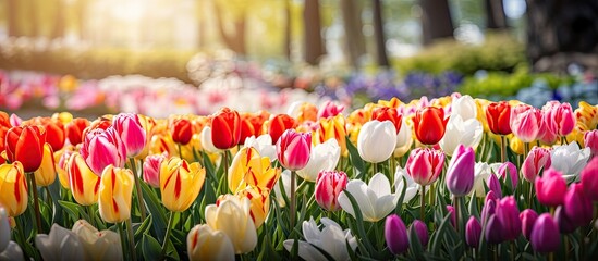 Sticker - Vibrant Tulips Blossoming in a Lush Spring Park Garden with Bright Colors and Fresh Blooms