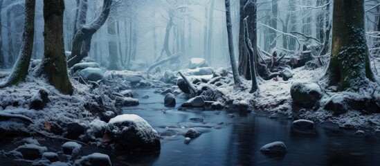 Wall Mural - Tranquil Stream Flows Through Enchanted Snowy Forest with Lush Vegetation and Fresh Snowfall