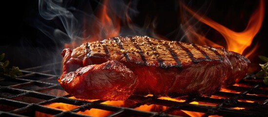 Poster - Sizzling Steak on Grill with Fiery Flames for Flavorful Barbecue Cooking Experience