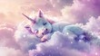 Adorable baby unicorn sleeping on fluffy cloud, dreamy pastel fantasy, children's digital painting