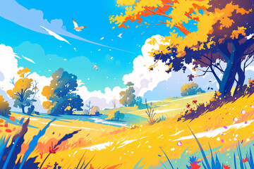 Wall Mural - Beautiful spring outdoor landscape cartoon illustration, Beginning of Spring concept illustration background