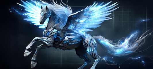 A white cyber pegasus made of metal blue eyes, ai generative