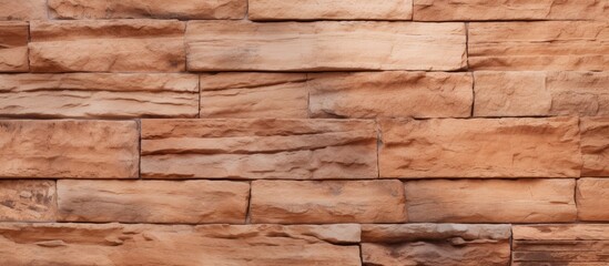 Canvas Print - A detailed closeup of a brown wooden brick wall, showcasing intricate brickwork and rectangular shapes. The building material resembles wood flooring with a beige rocklike bedrock texture