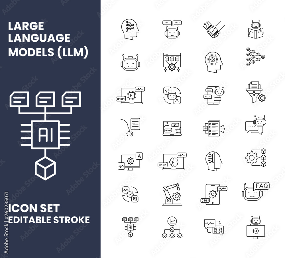Simple Vector Black Outline AI Icons for Large Language Models (LLMs).Futuristic Large Language Model Icons. Text generation icon. Natural Language Conversation icon set.