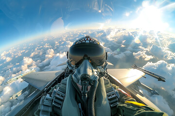 Jet fighter flying in the sky, an F-16 pilot with a determined expression, wearing a green flight suit and helmet, against a clear blue sky