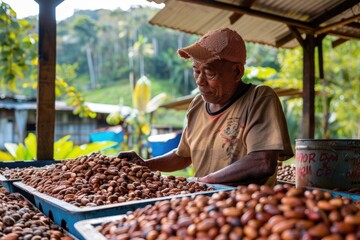 farmer drying cocoa beans