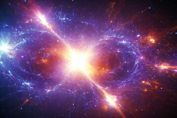 Wall Mural - Fantastic background of bright glowing particles in deep space. Bright electric flash